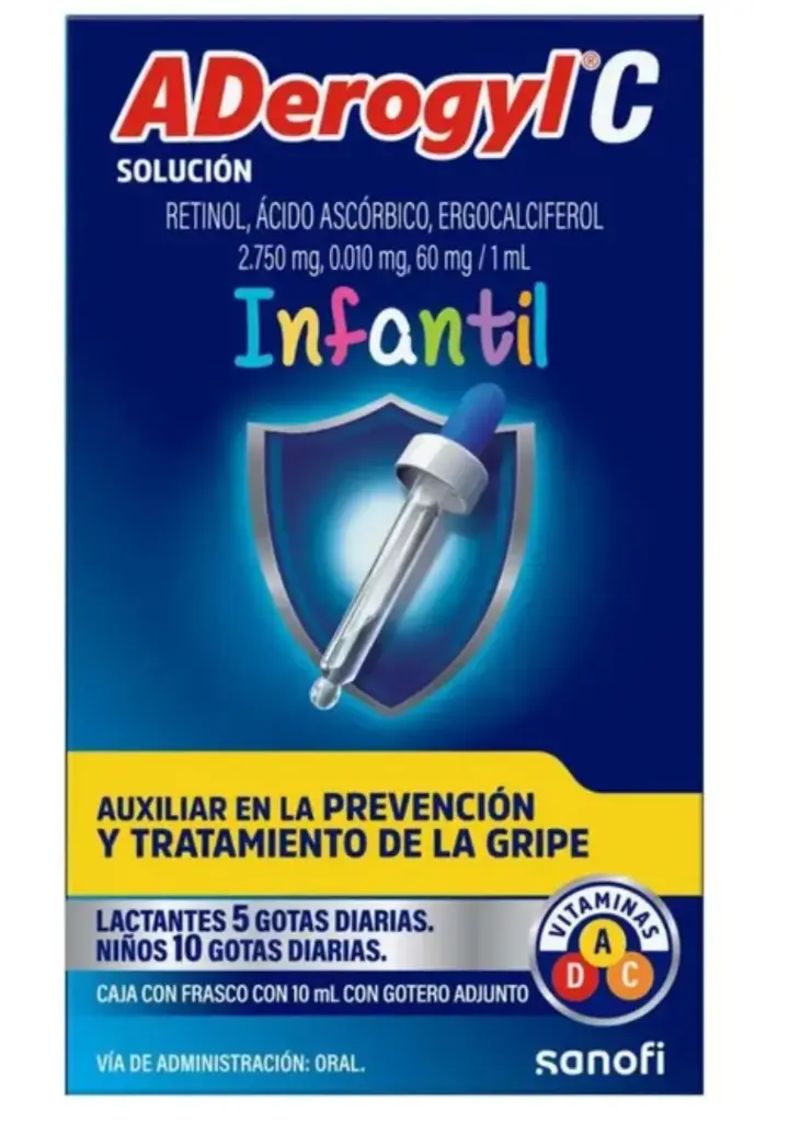 Aderogyl C Infantil Retinol / Ácido Ascorbico / Ergocalciferol (Vitaminas A, C, D2) 2.750 mg / 60 mg / 0.01 mg Solución Oral Gotero 10 mL