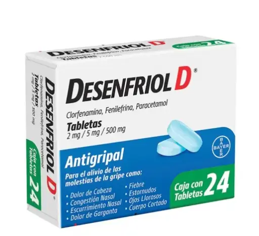 DESENFRIOL D CLORFERAMINA, FENILEFRINA, PARACETAMOL 2MG/5MG/500MG 24 TABLETAS