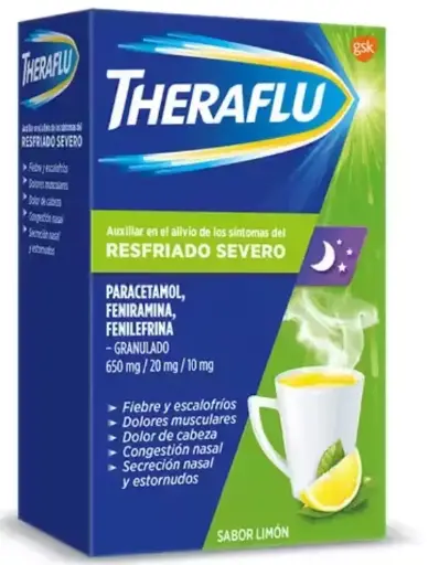 THERAFLU RESFRIADO SEVERO LIMON PARACETAMOL, FENIRAMINA, FENILEFRINA 650MG/20MG/10MG GRANULADO 10 SOBRES