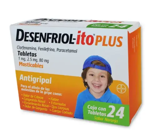 DESENFRIOL-ITO CLORFERAMINA, FENILEFRINA, PARACETAMOL 1MG/2.5MG/80MG 24 TABLETAS SABOR NARANJA MASTICABLES