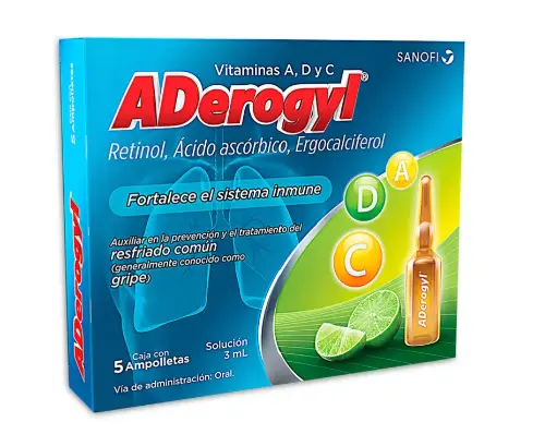 Aderogyl Retinol / Ácido Ascorbico / Ergocalciferol (Vitaminas A, C, D2) 3.3 mg / 499.65 mg / 0.03 mg Solución Oral 5 Ampolletas 3 ml