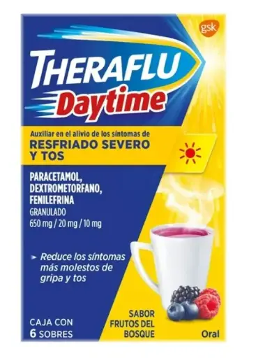 THERAFLU DAYTIME PARACETAMOL, DEXTROMETORFANO, FENILEFRINA 650MG/20/MG/10MG GRANULADO FRUTOS ROJOS CAJA 6 SOBRES